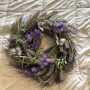 Butterfly Lavender Wreath Fairy Lights Faux Plants Spring Wall Door Decor 17”